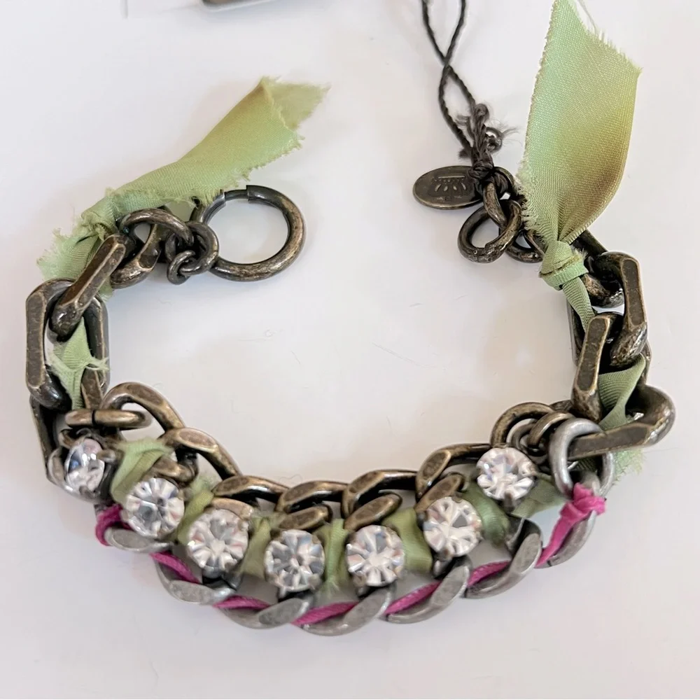 NWT Juicy Couture War of Love 2-Tone Chain Link Bracelet w/ Ribbon & Crystals